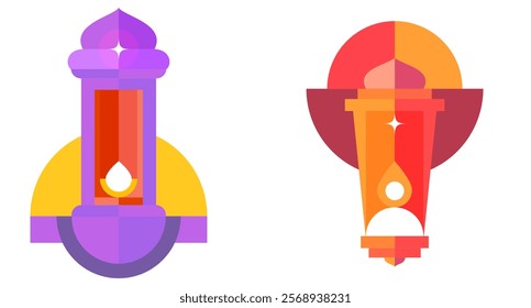 Minimal lamp and lantern in geometric bauhaus style. Islamic beautiful composition. Set modern elements for branding card, banner, cover, flyer or poster. Vector illustration for Ramadan Kareem.