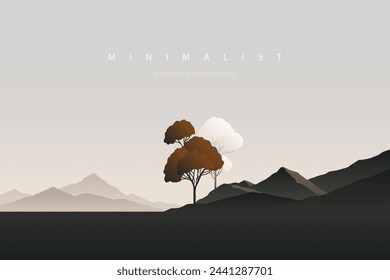 Arte de paisaje mínimo. Fondo del vector de la naturaleza. Papel pintado de arte abstracto para estampados, decoración de arte, artes de pared y lienzos. Panorama del horizonte tranquilo, fondo moderno del paisaje de la montaña