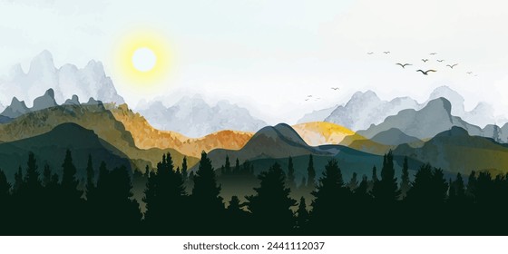 Minimal landscape art with painting brush background. Landscape hills abstract watercolor paintings background with birds, Vector abstract for wallpaper prints, Decoration, wall arts, canvas prints.