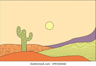 Minimal landscape with cactus and sun or moon. Simple vector design with decorative textures. Modern wall art, background, print asset.