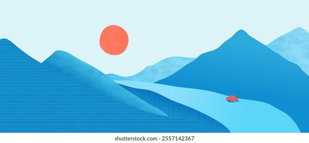 Minimal landscape collage with road, mountain and sun. Abstract textured background in retro Japanese aesthetic. Flat vector design with torn paper elements.