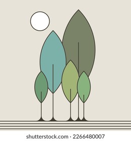 A minimal landscape illustration of trees and sun