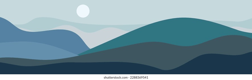 Minimal landscape mountain background with sun, blue and green hills. Abstract vector illustration