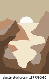 Minimal  landscape with mountains at the sunset. Artistic modern vector illustration for wall decor, t shirt print,  social media background etc