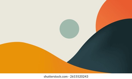minimal landscape with orange and green waves and sun.