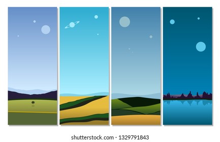 Minimal Landscape Poster Set Unknown Planets. Fields, Mountains and Oceans