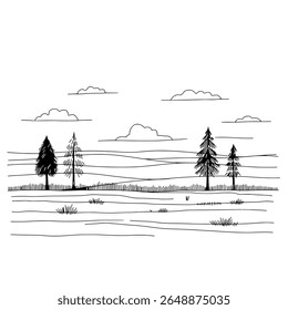 Minimal Landscape Scene with Rolling Hills, Trees, and Cloudy Sky in Line Art Style for Nature-Themed Designs