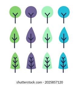 Minimal landscape trees. Forest tree with green purple and blue foliage. Decorative graphic elements. Ecology label, environment and botanical objects. Vector simple flat cartoon isolated set