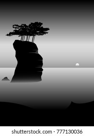 minimal landscape, trees on cliff in the sea, vector illustration