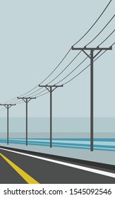 Minimal landscape view of the empty countryside road with electricity pole along the way in cool blue color tone 