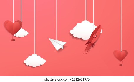 Minimal landscape view heart balloon, cloud ,rocket, paper plane are hanged in sky in vector cartoon illustration design valentines style