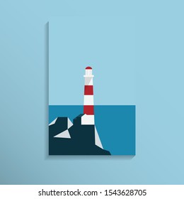 Minimal landscape view of the lighthouse near sea shore with mountain range in clear blue color