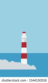 Minimal landscape view of the lighthouse near sea shore with mountain range in clear blue color