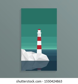 Minimal landscape view of the lighthouse near sea shore with mountain range in clear blue color