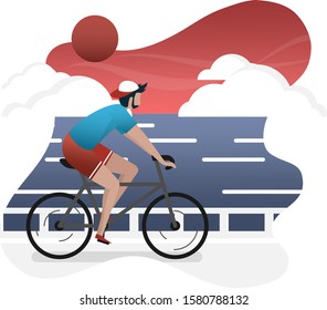 Minimal landscape view of a man while biking  with background of sea landscape in sunset time graphic design. A man riding bicycle in free time