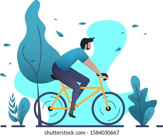 Minimal landscape view of a man while biking  with background of park landscape in falling season windy day graphic design. A man riding bicycle in free time