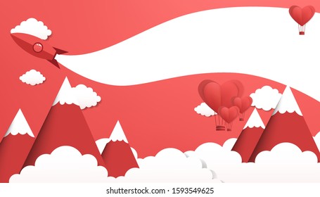 Minimal landscape view mountain range and sky in vector cartoon illustration design valentines style with copy space for text