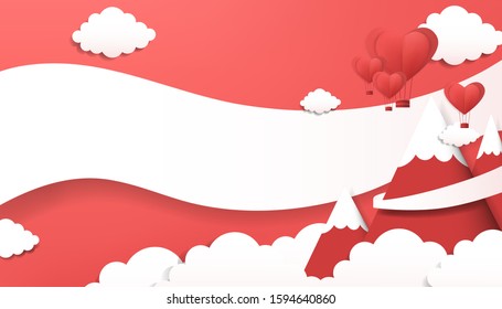 Minimal landscape view mountain range and sky in vector cartoon illustration design valentines style with copy space for text