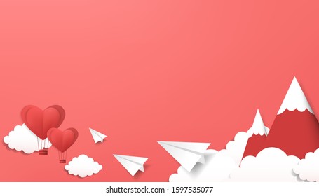 Minimal landscape view mountain range with balloon and sky in vector cartoon illustration design valentines style with copy space for text