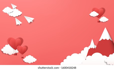 Minimal landscape view mountain range with balloon and sky in vector cartoon illustration design valentines style with copy space for text