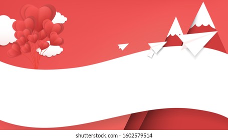 Minimal landscape view mountain range and sky in vector cartoon illustration design valentines style with copy space for text