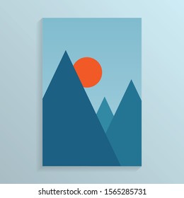Minimal landscape view style of mountain tange with the sun while sunset time/ Minimal triangle landscape view/ Natural mountain range landscape view