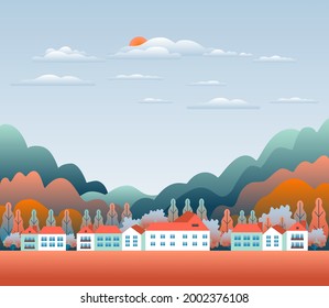 Minimal landscape village, mountains, hills, trees, forest. Rural valley scene. Farm countryside with house, building in flat style design. Red blue pastel gradient colors. Cartoon background vector