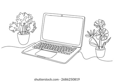 Minimal laptop computer outline continuous one line drawing vector illustration for technology concept
