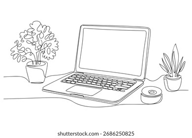 Minimal laptop computer outline continuous one line drawing vector illustration for technology concept
