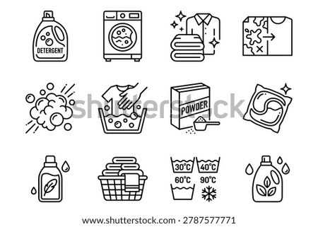 Minimal Laundry Service Icons Set with Washing Machine, Detergent Bottle, Folded Clothes and Fabric Care Outline Symbols