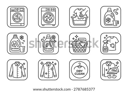 Minimal Laundry Service Line Icons Set with Washing Machine and Dry Cleaning Symbols on White Background