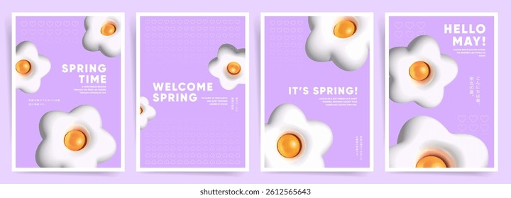 Minimal lavender spring posters with white flower blooms, orange centers, and clean 3d layouts for seasonal ads, modern branding, and floral celebration design