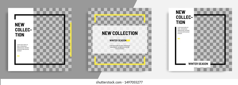Minimal layout design background vector illustration in black yellow white frame color. Editable square geometric shape banner template for social media post, flyer, look book magazine