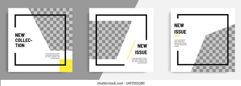 Minimal layout design background vector illustration in black yellow white frame color. Editable square geometric shape banner template for social media post, flyer, look book magazine