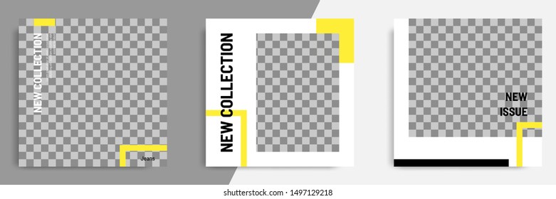 Minimal layout design background vector illustration in black yellow white frame color. Editable square geometric shape banner template for social media post,  flyer, look book magazine