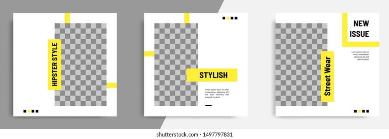 Minimal layout design background vector illustration in black yellow white frame color. Editable square geometric shape banner template for social media post, flyer, look book magazine