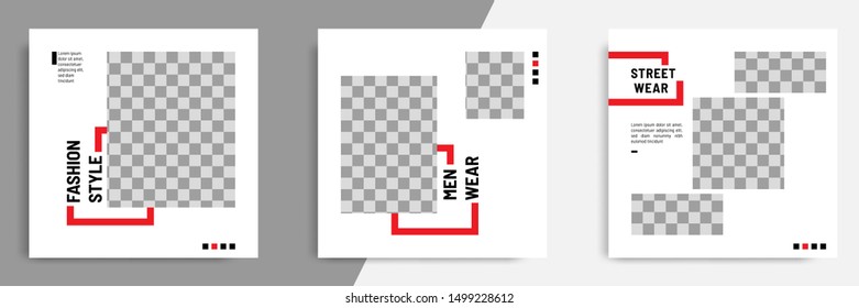 Minimal layout design background vector illustration in black red white frame color. Editable square geometric shape banner template for social media post, flyer, look book magazine
