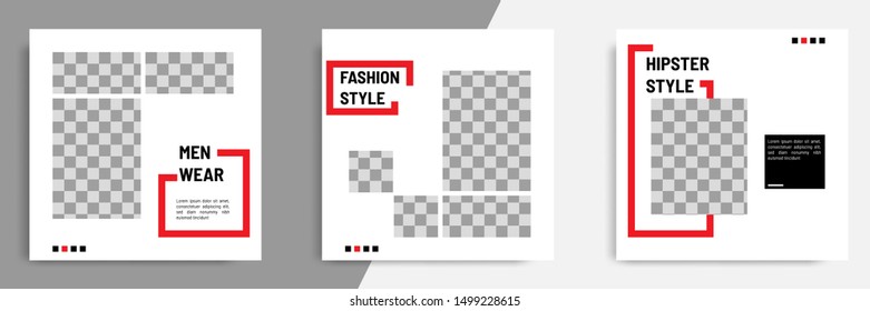 Minimal layout design background vector illustration in black red white frame color. Editable square geometric shape banner template for social media post,flyer, look book magazine