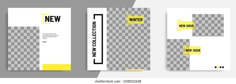 Minimal layout design background vector illustration in black yellow white frame color. Editable square geometric shape banner template for social media post, flyer, look book magazine