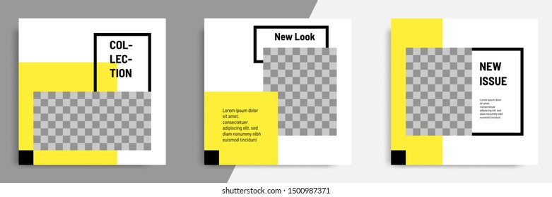 Minimal layout design background vector illustration in black yellow white frame color. Editable square geometric shape banner template for social media post, flyer, look book magazine