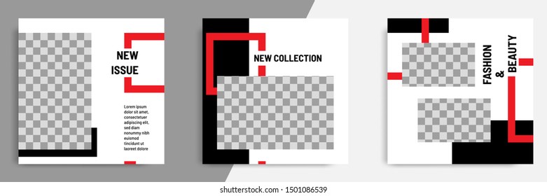 Minimal layout design background vector illustration in black red white frame color. Editable square geometric shape banner template for social media post, flyer, look book magazine
