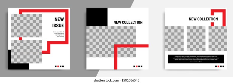 Minimal layout design background vector illustration in black red white frame color. Editable square geometric shape banner template for social media post, flyer, look book magazine