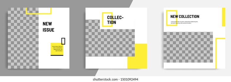 Minimal layout design background vector illustration in black yellow white frame color. Editable square geometric shape banner template for social media post, flyer, look book magazine
