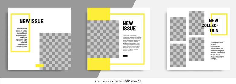 Minimal layout design background vector illustration in black yellow white frame color. Editable square geometric shape banner template for social media post, flyer, look book magazine