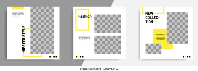 Minimal layout design background vector illustration in black yellow white frame color. Editable square geometric shape banner template for social media post, flyer, look book magazine