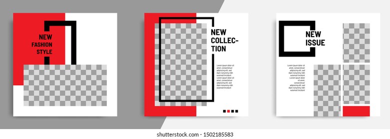 Minimal layout design background vector illustration in black red white frame color. Editable square geometric shape banner template for social media post, flyer, look book magazine