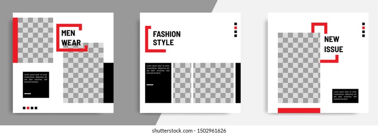 Minimal layout design background vector illustration in black red white frame color. Editable square geometric shape banner template for social media post, flyer, look book magazine