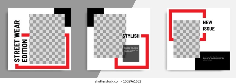 Minimal layout design background vector illustration in black red white frame color. Editable square geometric shape banner template for social media post, flyer, look book magazine