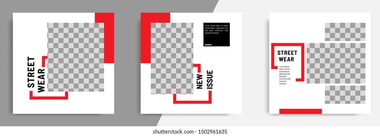 Minimal layout design background vector illustration in black red white frame color. Editable square geometric shape banner template for social media post, flyer, look book magazine