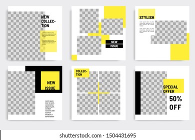 Minimal layout design background vector illustration in black yellow white frame color. Editable square geometric shape banner template for social media post, flyer, look book magazine